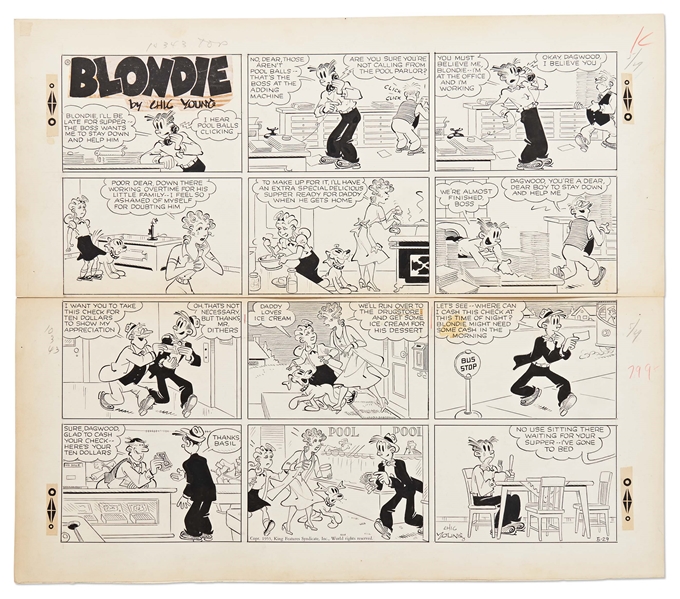 Chic Young Hand-Drawn ''Blondie'' Sunday Comic Strip From 1955 -- Dagwood Does the Right Thing and Still Can't Win