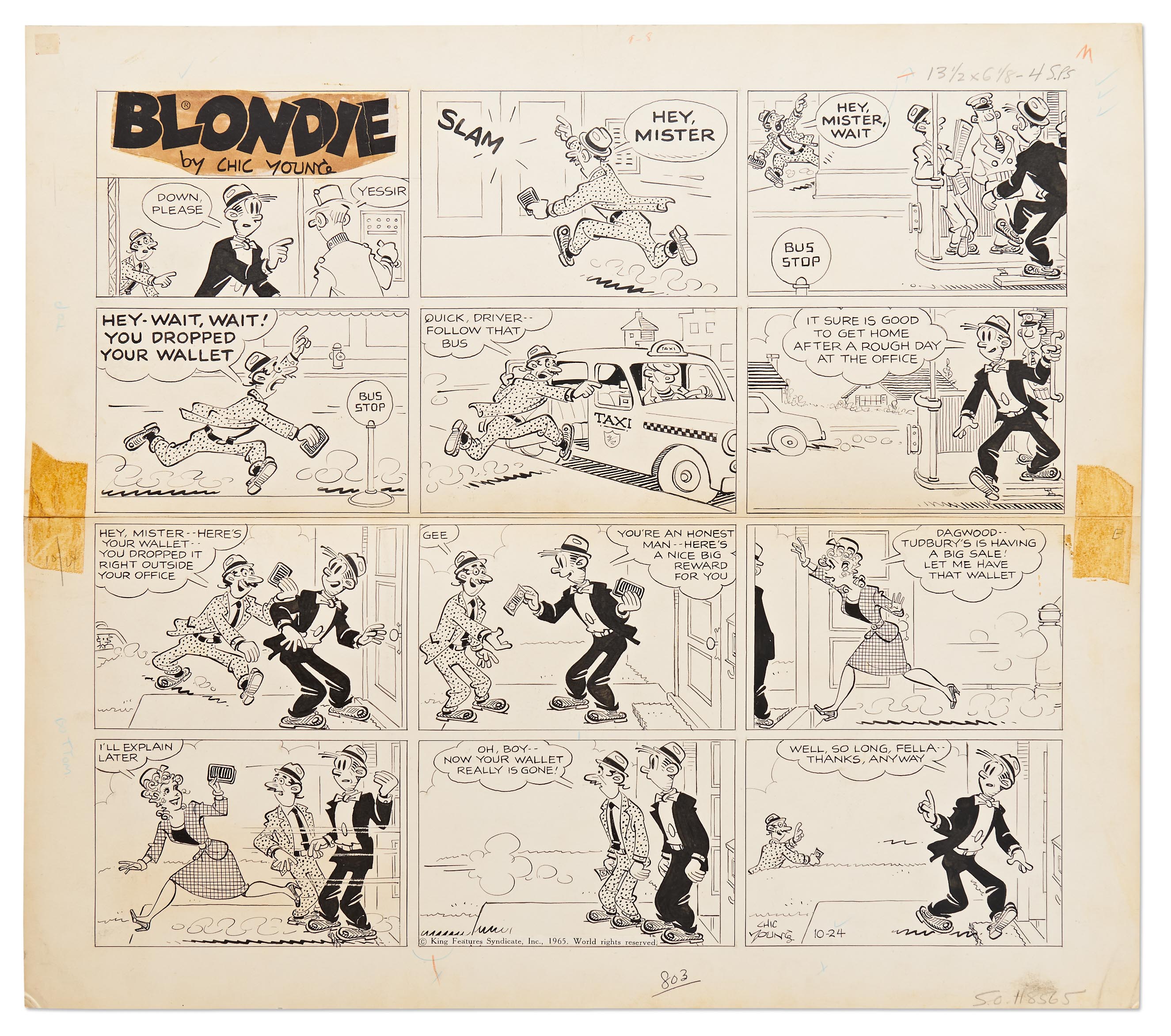 Lot Detail Chic Young Hand Drawn Blondie Sunday Comic Strip From 1965 Blondie Snatches 6255