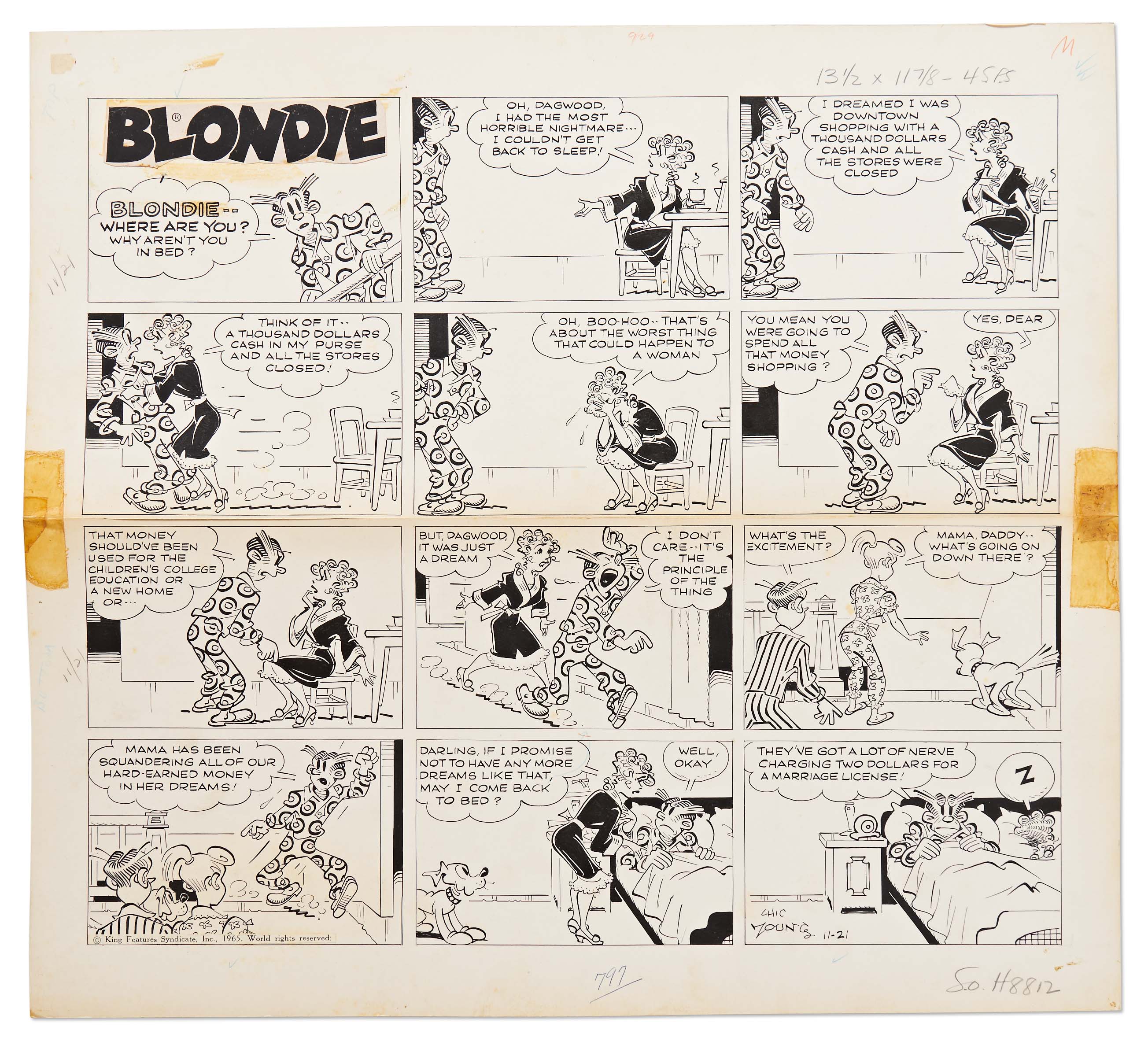 Lot Detail Chic Young Hand Drawn Blondie Sunday Comic Strip From 1965 Dagwood Gets Mad 7986