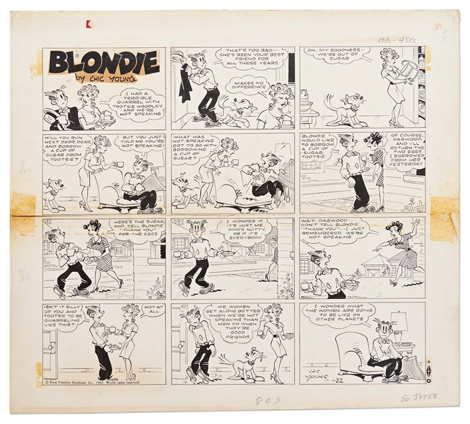 Chic Young Hand-Drawn ''Blondie'' Sunday Comic Strip From 1967 -- Dagwood is Confounded by Women