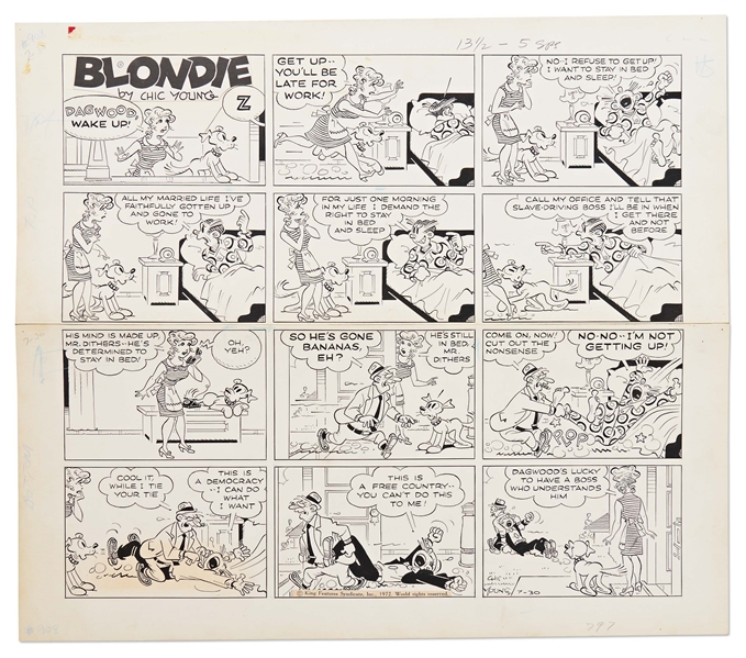 Chic Young Hand-Drawn ''Blondie'' Sunday Comic Strip From 1972 -- Mr. Dithers Pulls Dagwood Out of Bed