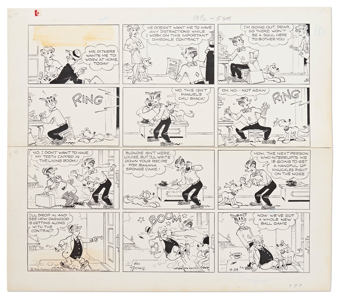 Chic Young Hand-Drawn ''Blondie'' Sunday Comic Strip From 1972 -- Dagwood Mistakenly Punches Mr. Dithers in the Nose