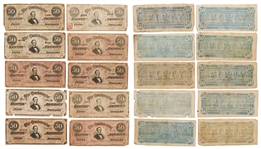 Lot of 48 Currency Bills Issued by the Confederate States of American During the Civil War