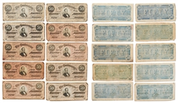 Lot of 48 Currency Bills Issued by the Confederate States of American During the Civil War