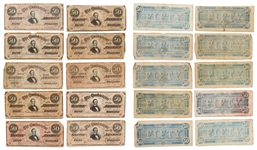 Lot of 48 Currency Bills Issued by the Confederate States of American During the Civil War