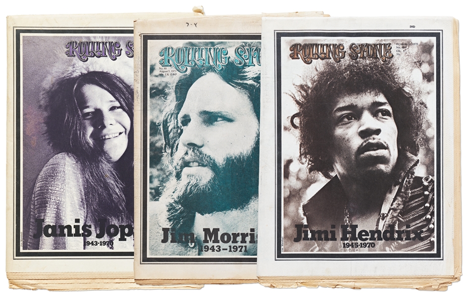 Set of 3 ''Rolling Stone'' Magazines Reporting on the Deaths of Jimi Hendrix, Janis Joplin and Jim Morrison