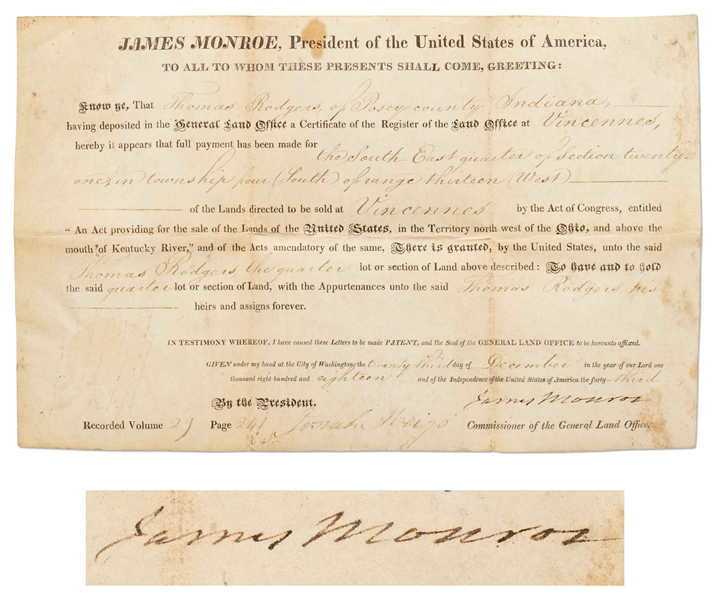 James Monroe Signed Land Grant as President