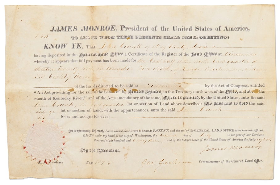 James Monroe Signed Land Grant as President