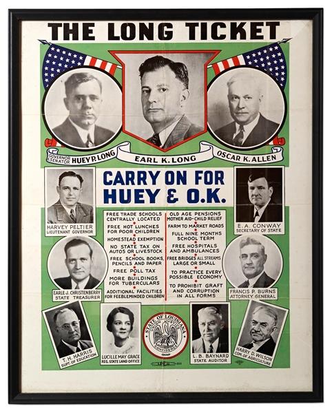 Louisiana Political Poster from 1936 Promoting the Huey Long-Backed Candidates After Longs Assassination