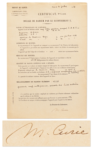 Marie Curie Signed Document From Her ''Institut du Radium'' Laboratory -- Curie Signs Off on an Experiment in Her Lab