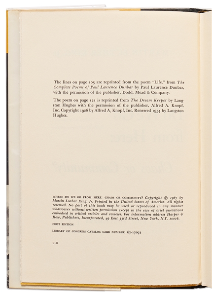 Martin Luther King Signed First Edition of ''Where Do We Go From Here: Chaos or Community?'' -- ''...With Best Wishes for Peace and Brotherhood...''