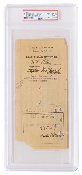 Thomas Edison Signed Check for $100,000 from the Edison Storage Battery Co. -- Encapsulated by PSA/DNA
