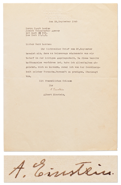 Albert Einstein Letter Signed, Writing to Jacob Landau Who Was Under Fire for His Leadership of the Jewish Telegraphic Agency -- ...I am aware of the futility of such attempts to preach reason...