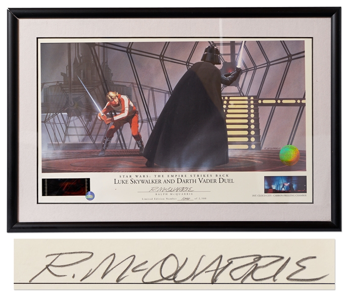 Ralph McQuarrie Signed Limited Edition Lithograph from ''The Empire Strikes Back'' -- Also Includes Original 70mm Film Frame from the Luke Skywalker-Darth Vader Duel Scene