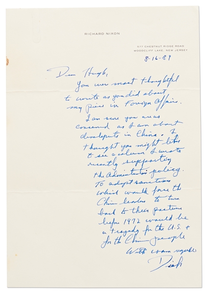 Richard Nixon Autograph Letter Signed Regarding His China Policy -- ''...sanctions...would force the Chinese leaders to turn back to their posture before 1972...''