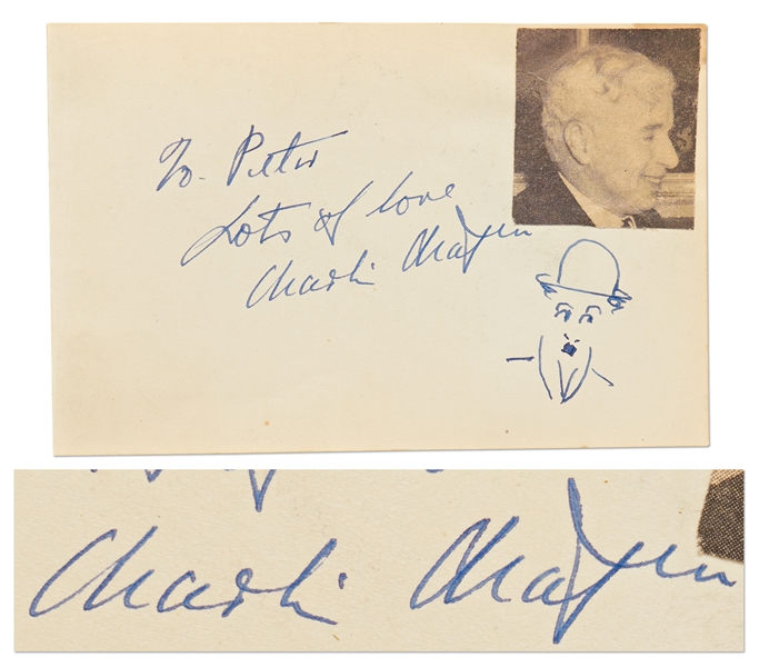 Charlie Chaplin Autograph & Self-Portrait Sketch of Himself as The Tramp -- Also Signed by Douglas Fairbanks, Jr., Leslie Howard & More