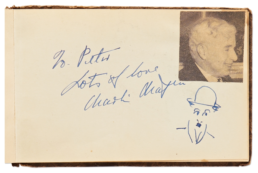 Charlie Chaplin Autograph & Self-Portrait Sketch of Himself as The Tramp -- Also Signed by Douglas Fairbanks, Jr., Leslie Howard & More