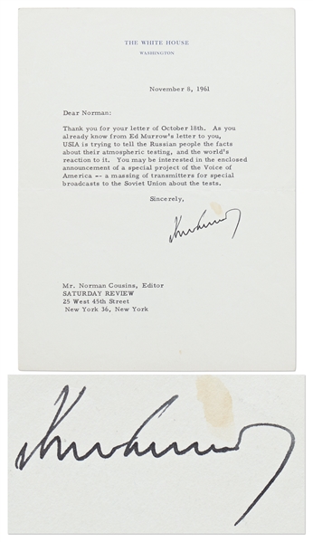 John F. Kennedy Letter Signed as President Regarding the Soviet Union's Renewed Testing of Nuclear Weapons in 1961 -- With University Archives COA