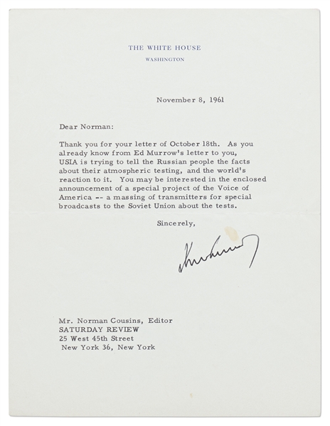 John F. Kennedy Letter Signed as President Regarding the Soviet Union's Renewed Testing of Nuclear Weapons in 1961 -- With University Archives COA