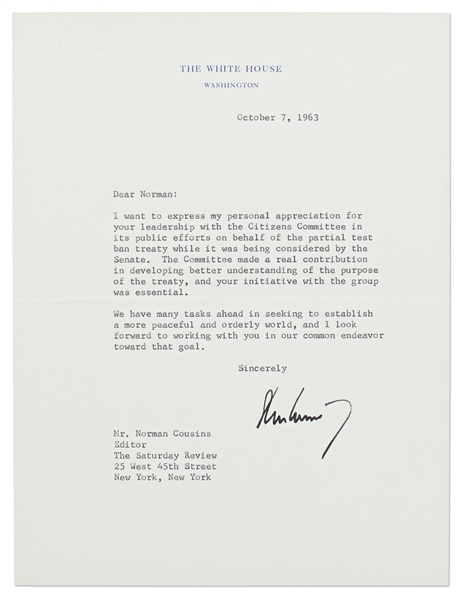 John F. Kennedy Letter Signed as President from 1963 Regarding the Nuclear Test Ban Treaty -- ''...in seeking to establish a more peaceful and orderly world...'' -- With University Archives COA