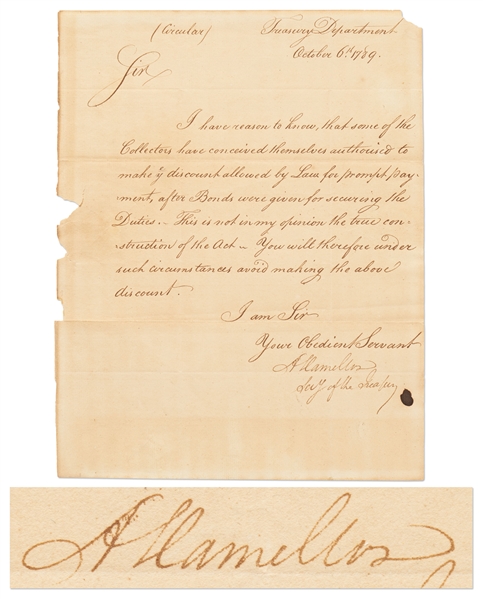 Alexander Hamilton Circular Signed as U.S. Treasury Secretary from October 1789 -- And Signed a Second Time by Hamilton with His Franking Signature