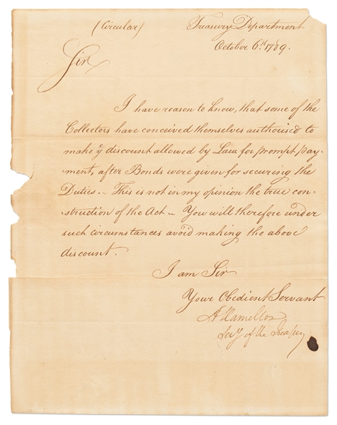 Alexander Hamilton Circular Signed as U.S. Treasury Secretary from October 1789 -- And Signed a Second Time by Hamilton with His Franking Signature