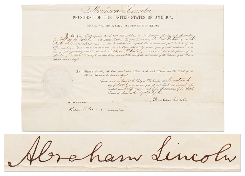 Abraham Lincoln Document Signed as President Just Five Days After the Start of the Civil War -- With Full, Bold ''Abraham Lincoln'' Signature