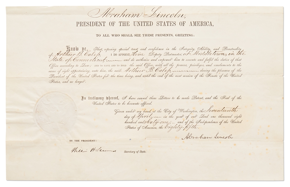 Abraham Lincoln Document Signed as President Just Five Days After the Start of the Civil War -- With Full, Bold ''Abraham Lincoln'' Signature