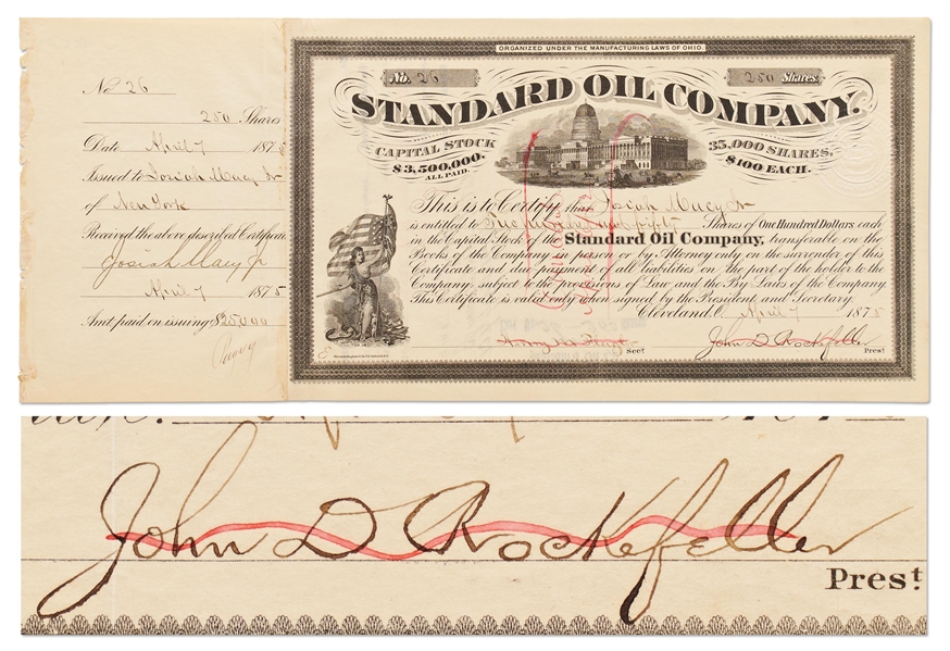 John D. Rockefeller Signed Stock Certificate for Standard Oil Co. -- Signed by Rockefeller as President in 1875
