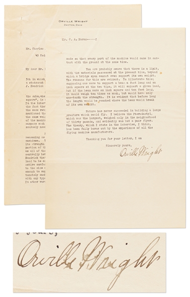 Orville Wright Letter Signed from 1917 -- ''...there would be no limit to the size a machine could be built and still be strong enough to support its own weight in the air...''