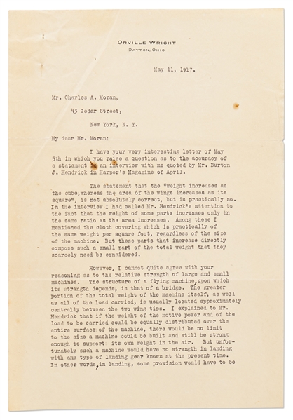 Orville Wright Letter Signed from 1917 -- ''...there would be no limit to the size a machine could be built and still be strong enough to support its own weight in the air...''