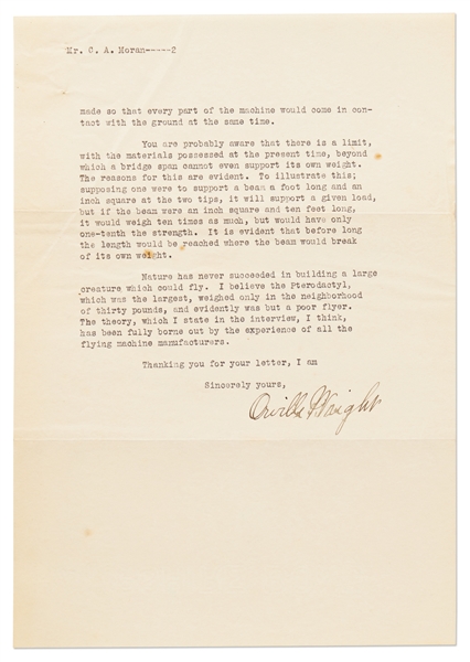 Orville Wright Letter Signed from 1917 -- ''...there would be no limit to the size a machine could be built and still be strong enough to support its own weight in the air...''