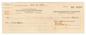 Greta Garbo Twice-Endorsed MGM Check -- 1925 Check Was Likely for Garbo's First MGM Film, ''Torrent''