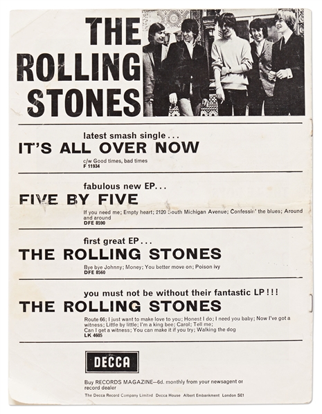 Rolling Stones Promotional Program from 1964 Signed by All Five Members Including Brian Jones -- With Heritage COA