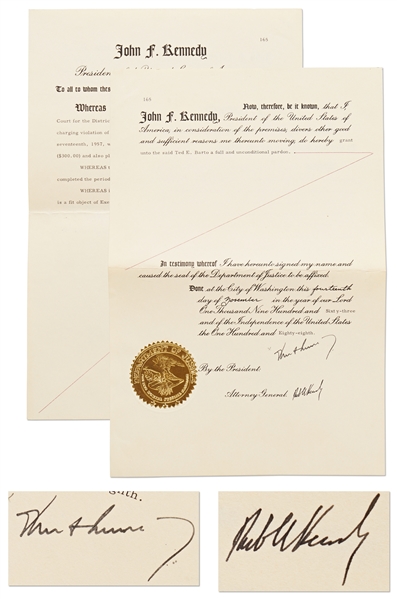 Scarce John F. Kennedy & Robert Kennedy Signed Presidential Pardon -- Dated 8 Days Before JFKs Assassination -- With University Archives COA