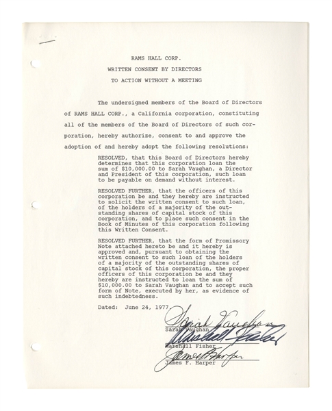 Jazz Singer Sarah Vaughan Contract Signed