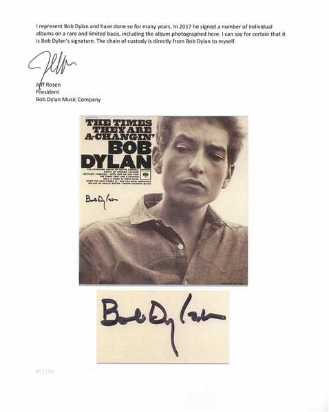 Bob Dylan Signed Album ''The Times They Are A-Changin''' -- With Jeff Rosen COA