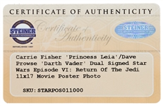 Harrison Ford, Carrie Fisher & Darth Vader's David Prowse Signed 10'' x 16'' Movie Poster Photo for ''Return of the Jedi'' -- With Steiner COA
