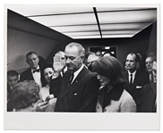 Cecil W. Stoughtons Personal, Unpublished Photo of LBJs Inauguration Aboard Air Force One -- In Stoughtons Custom Red Leather Binder Stamped Inauguration Nov. 1963 on Spine
