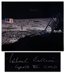 Michael Collins Signed 20 x 16 Photo of the Only Photo of Neil Armstrong on the Moon, Capturing Both Armstrong and the United States Flag