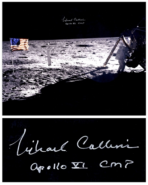 Michael Collins Signed 20'' x 16'' Photo of the Only Photo of Neil Armstrong on the Moon, Capturing Both Armstrong and the United States Flag