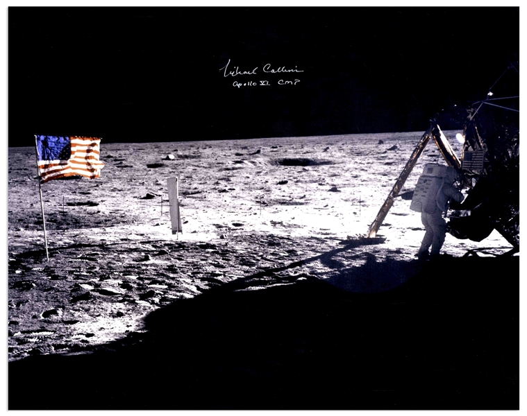 Michael Collins Signed 20'' x 16'' Photo of the Only Photo of Neil Armstrong on the Moon, Capturing Both Armstrong and the United States Flag