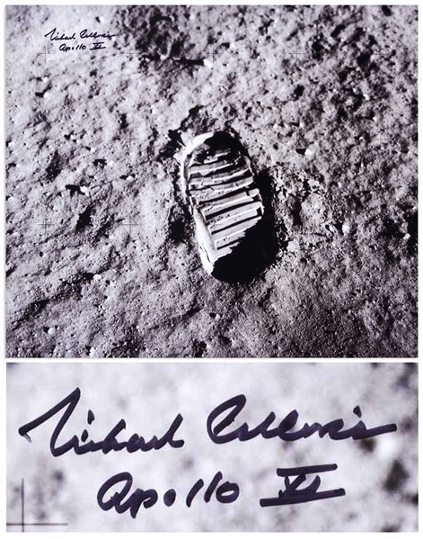 Michael Collins Signed 20'' x 16'' Photo of the Footprint Upon the Moon