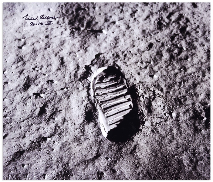 Michael Collins Signed 20'' x 16'' Photo of the Footprint Upon the Moon