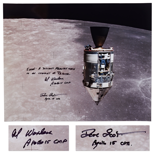 Al Worden & Dave Scott Signed 20 x 16 Photo of the Apollo 15 Command Module Against the Moon -- Worden Additionally Writes EARTH: A distant memory seen in an instant of repose