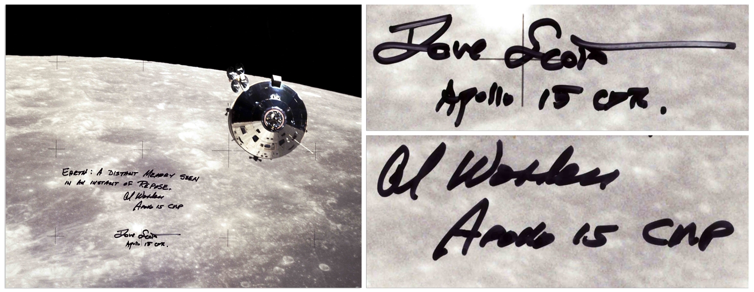 Al Worden & Dave Scott Signed 20 x 16 Photo of the Apollo 15 Command Module Against the Moon -- Worden Additionally Writes EARTH: A distant memory seen in an instant of repose