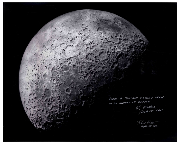 Al Worden & Dave Scott Signed 20'' x 16'' Photo of the Moon -- Worden Additionally Writes His Famous Quote About Seeing Earth From the Moon