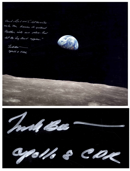 Frank Borman Signed 20'' x 16'' Photo, With a Handwritten Biblical Quote: ''...Let the waters under the Heavens be gathered together into one place. And let the dry land appear...''