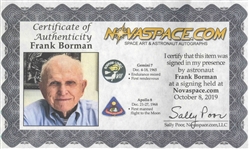 Frank Borman Signed 20'' x 16'' Photo, With a Handwritten Biblical Quote: ''...Let the waters under the Heavens be gathered together into one place. And let the dry land appear...''