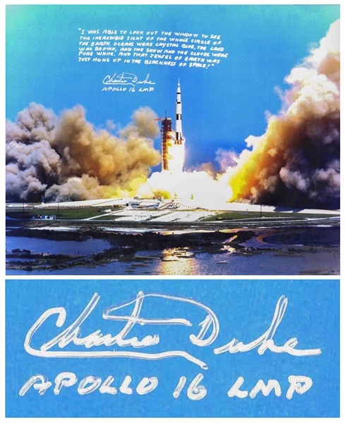 Charlie Duke Signed 20'' x 16'' Photo of the Apollo 16 Rocket Launch -- With a Handwritten Recollection: ''...that jewel of Earth was just hung up in the blackness of space!...''